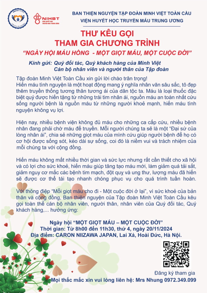 Thư kêu gọi tham gia Ngày hội máu hồng "Một giọt máu - Một cuộc đời"