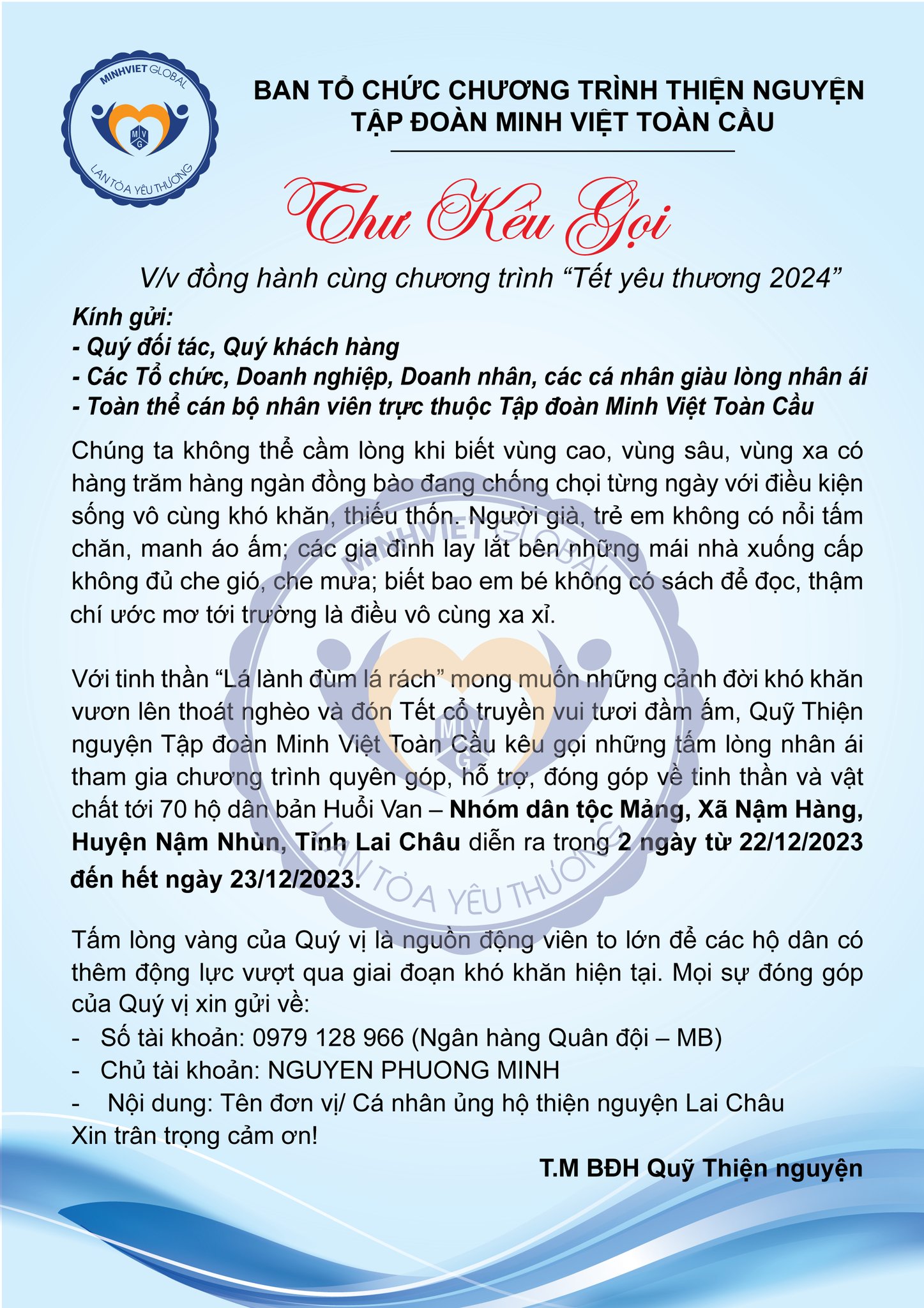 Thư kêu gọi đồng hành cùng chương trình Minh Việt lan toả yêu thương 2023